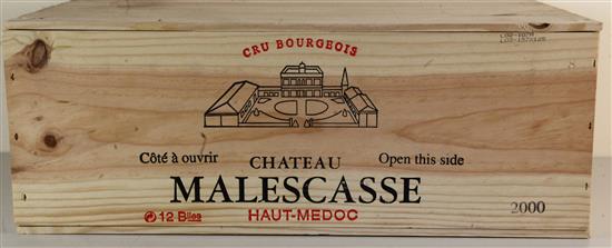 A case of twelve bottles of Chateau Malescasse, Haut Medoc, 2000.